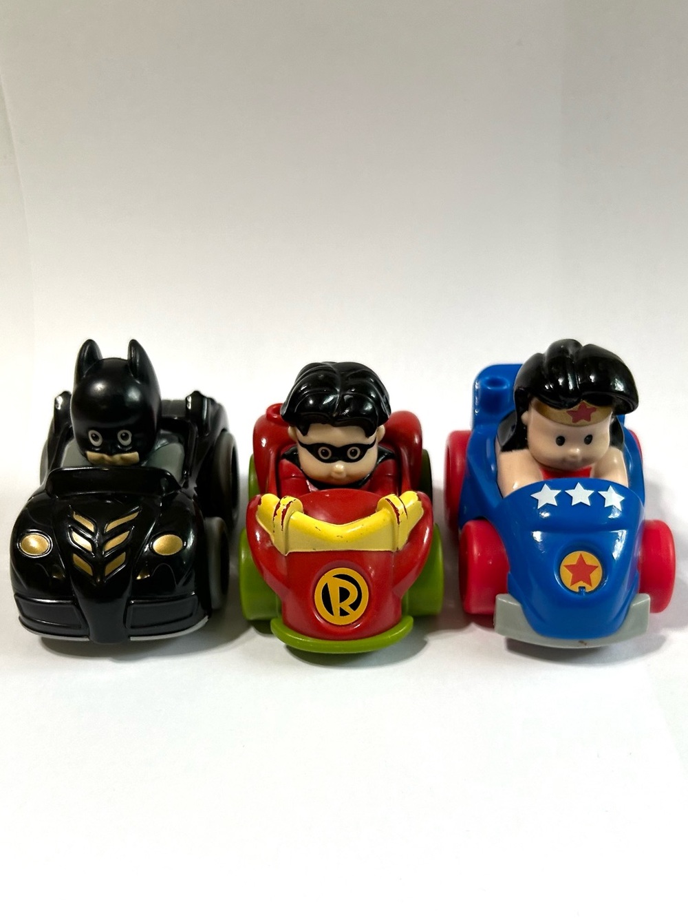 3 Fisher-Price Little People Wheelies Cars Batman, Robin & Wonder Woman
